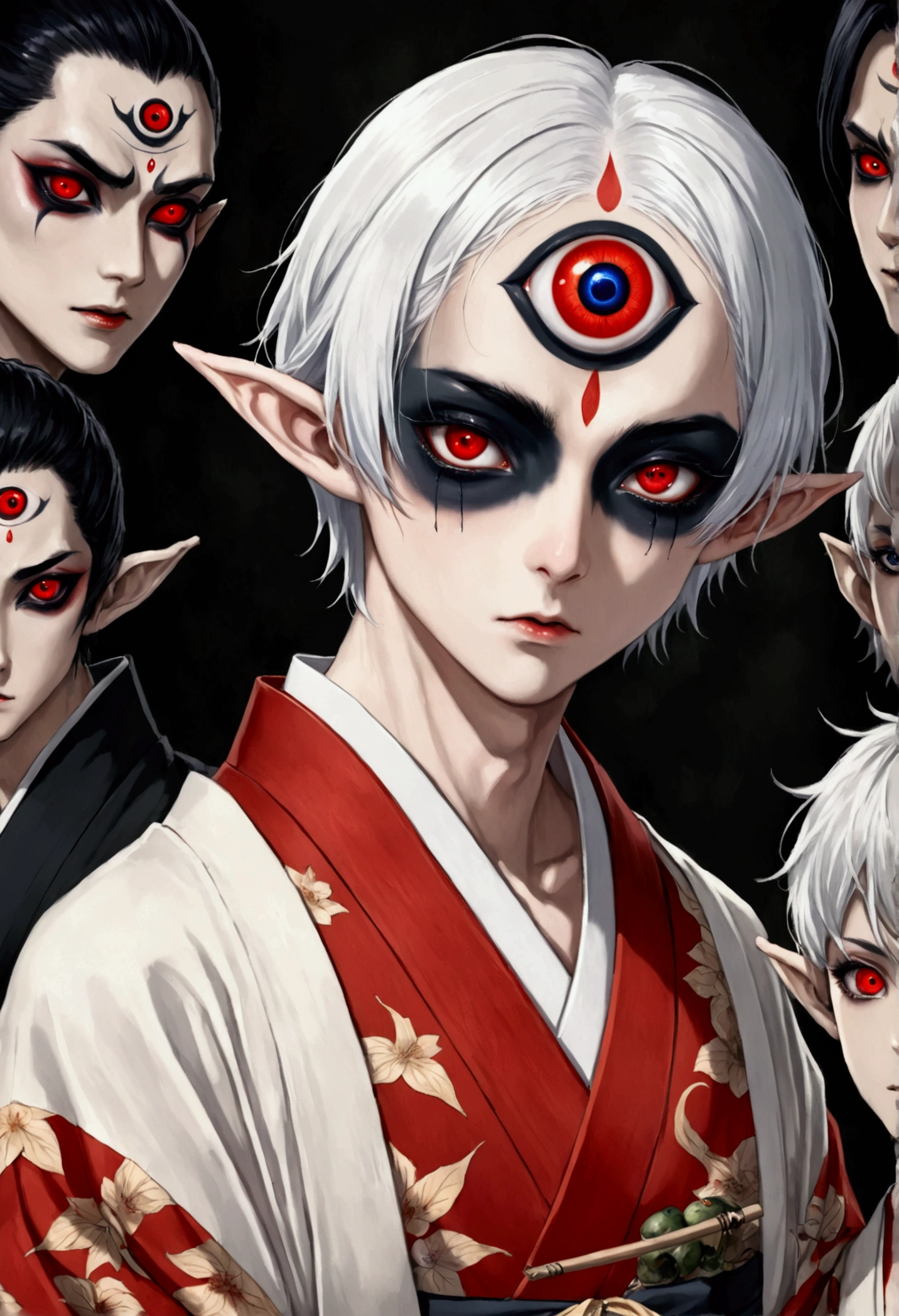 Japanese Anime，Horror style，horror character，(((The boy with three eyes，独奏，Realistic third eye，Dark eyeshadow.Middle-parted white hair-super short hair，Elf ears))),(((Gorgeous Japanese red kimono：1.1，Eye Diagram，Dark Pattern))).(((Thin waist，Greenbelt：1.37)))