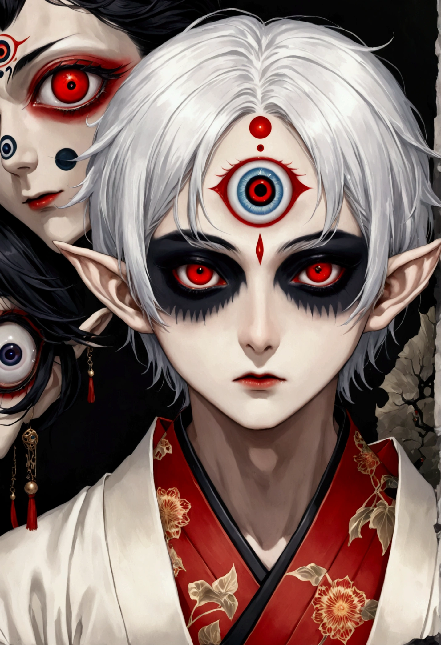 Japanese Anime，Horror style，horror character，(((The boy with three eyes，独奏，Realistic third eye，Dark eyeshadow.Middle-parted white hair-super short hair，Elf ears))),(((Gorgeous Japanese red kimono：1.1，Eye Diagram，Dark Pattern))).(((Thin waist，Greenbelt：1.37)))