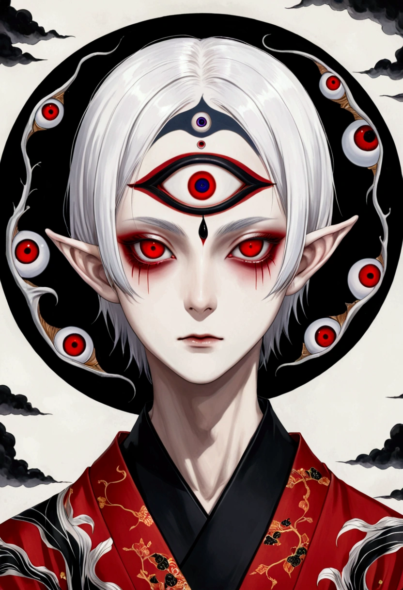 Japanese Anime,Horror style,horror character,(((The boy with three eyes,独奏,Realistic third eye,Dark eyeshadow.Middle-parted white hair-super short hair,Elf ears))),(((Gorgeous Japanese red kimono:1.1,Eye Diagram,Dark Pattern))).(((Thin waist,Greenbelt:1.37)))