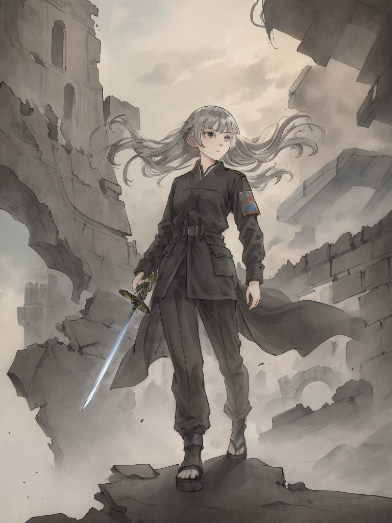Masterpiece, Highest quality((must)), Low Contrast((must))A Russian girl in her early 20s with ash grey hair, Head to toe full body, Fully equipped with the latest jet black protectors, In the ruins, holding a beautifully decorated long sword., The face is dense((must))
