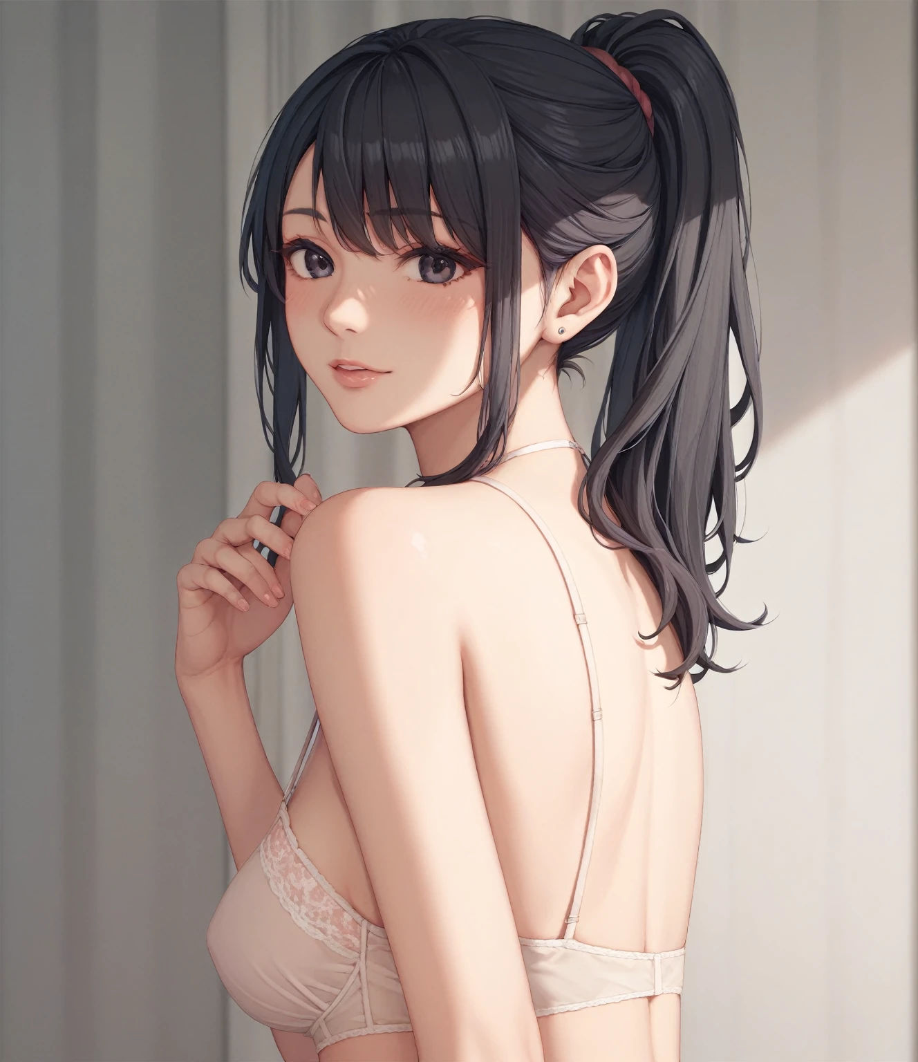 masterpiece、Highest quality、Super detailed、Perfect Human Anatomy、distinct、女性のwhole body姿、Beige underwear、blouse、Black Hair、ponytail、Dark Eyes、Are thin、whole body、