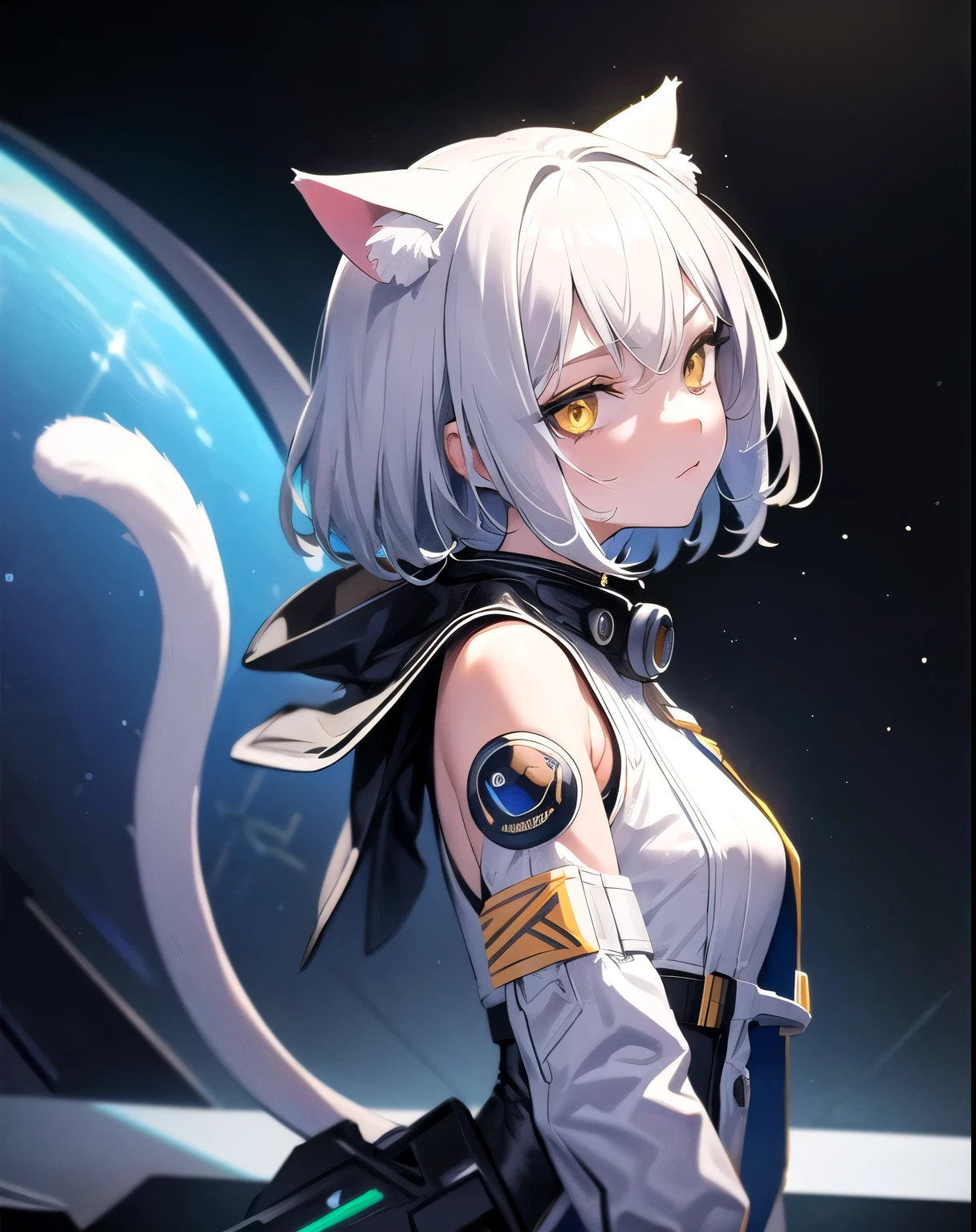 masterpiece, best quality, 1 Girl, Spacecraft interior, Space suit, Upper Body, from the side, Science fiction, Yellow eyes, Double tail, Silver Hair, Cat ears, Looking at the audience,