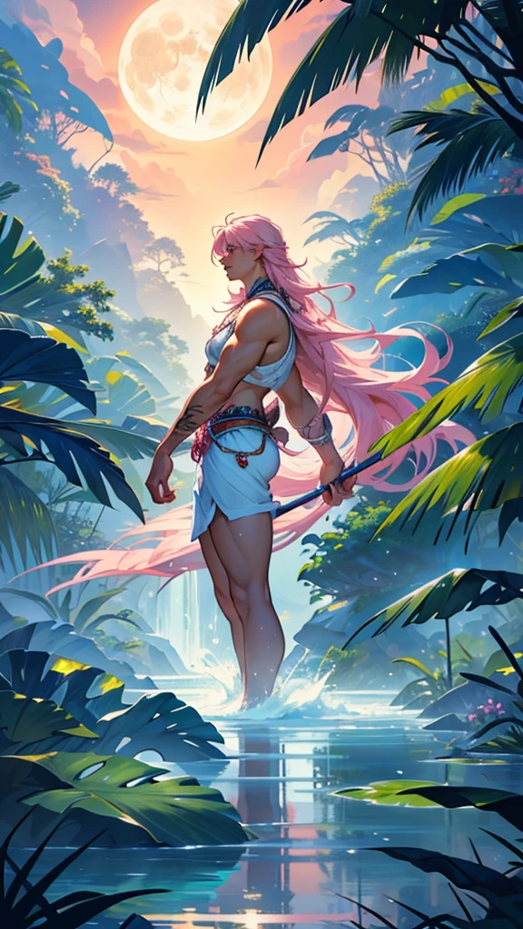 Create an illustration that represents the legend of the Amazon pink dolphin. The image should show a pink dolphin emerging from the waters of an Amazon river under the light of a full moon.. The dolphin is transforming into a beautiful young man dressed in white, with indigenous traits, attracting a girl who is by the river, enchanted by the sight. The setting must include the lush vegetation of the Amazon rainforest in the background, with details like tall trees, dense foliage and the silhouette of a village in the distance. The atmosphere must be magical and mysterious, capturing the essence of the legend and natural beauty of the Amazon."