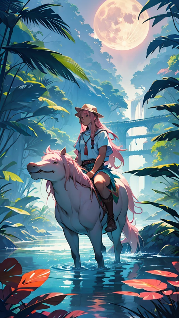 Create an illustration that represents the legend of the Amazon pink dolphin. The image should show a pink dolphin emerging from the waters of an Amazon river under the light of a full moon.. The dolphin is transforming into a beautiful young man dressed in white, with indigenous traits, attracting a girl who is by the river, enchanted by the sight. The setting must include the lush vegetation of the Amazon rainforest in the background, with details like tall trees, dense foliage and the silhouette of a village in the distance. The atmosphere must be magical and mysterious, capturing the essence of the legend and natural beauty of the Amazon."