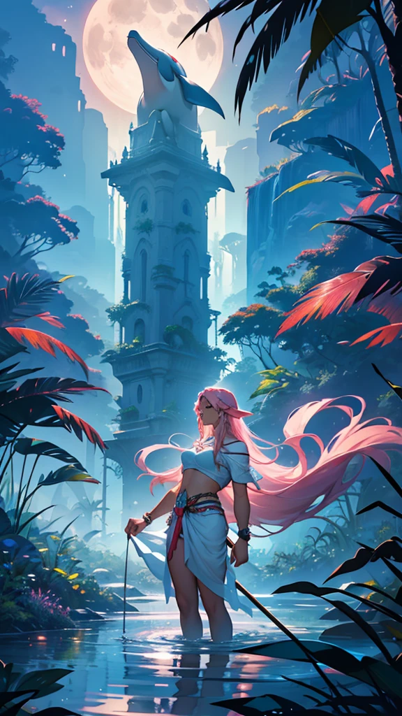 Create an illustration that represents the legend of the Amazon pink dolphin. The image should show a pink dolphin emerging from the waters of an Amazon river under the light of a full moon.. The dolphin is transforming into a beautiful young man dressed in white, with indigenous traits, attracting a girl who is by the river, enchanted by the sight. The setting must include the lush vegetation of the Amazon rainforest in the background, with details like tall trees, dense foliage and the silhouette of a village in the distance. The atmosphere must be magical and mysterious, capturing the essence of the legend and natural beauty of the Amazon."