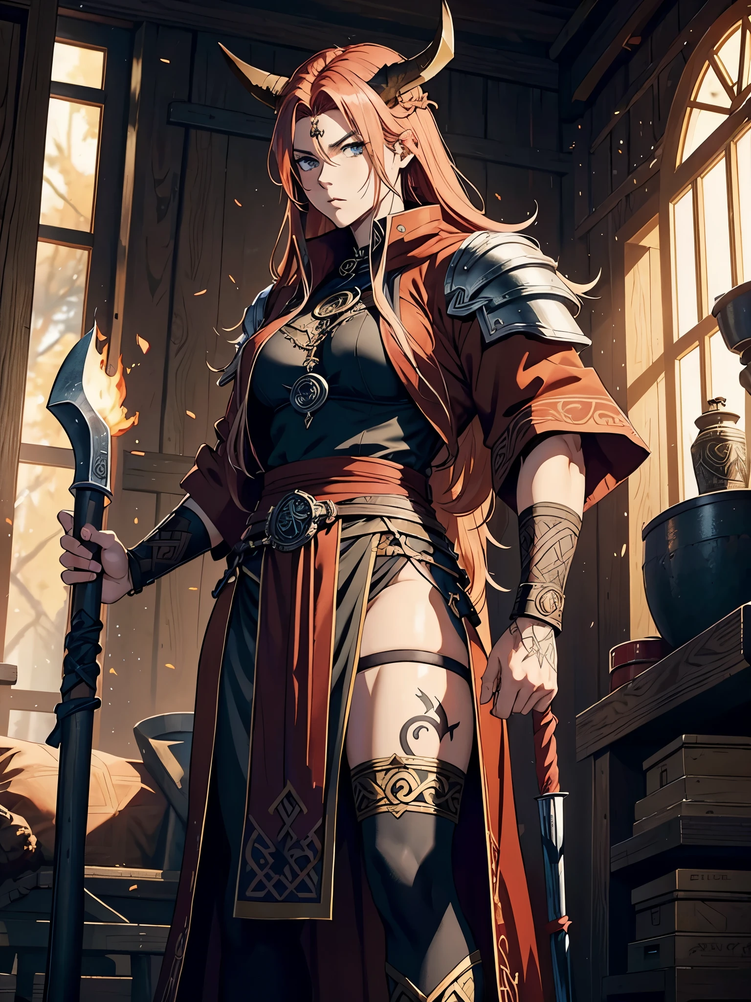 Older. More anime. 2d. Glow. Nordic clothing. Sidecut. Viking hairstyle. Long robe. masculine, Viking clothing. Red hair. woman. flat. freya. Goddess of War. Muscles. strength. Feuermagie. Brown robe. Viking warrior. Celtic Tattoos. silver jewelry. Brown clothes. Rotes Make Up.