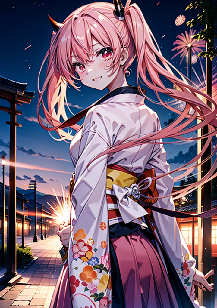 Aria h kanzaki,horn,Pink Hair,Long Hair,low Twin tails,小さいhorn,Red eyes,happy smile, smile, Open your mouth,pink kimono,Thick sleeves,Long skirt,日本のfestival,夏festivalの屋台,Red Lantern,night,night空のfirework,firework,場所はfirework大会,時間はnightです,sunny day,turn around,as if,walk, break looking at viewer, Upper Body, (Cowboy Shot:1. 5),
break outdoors, festival,shrine,
break (masterpiece:1.2), Highest quality, High resolution, unity 8k wallpaper, (shape:0.8), (Beautiful attention to detail:1.6), Highly detailed face, Perfect lighting, Highly detailed CG, (Perfect hands, Perfect Anatomy),