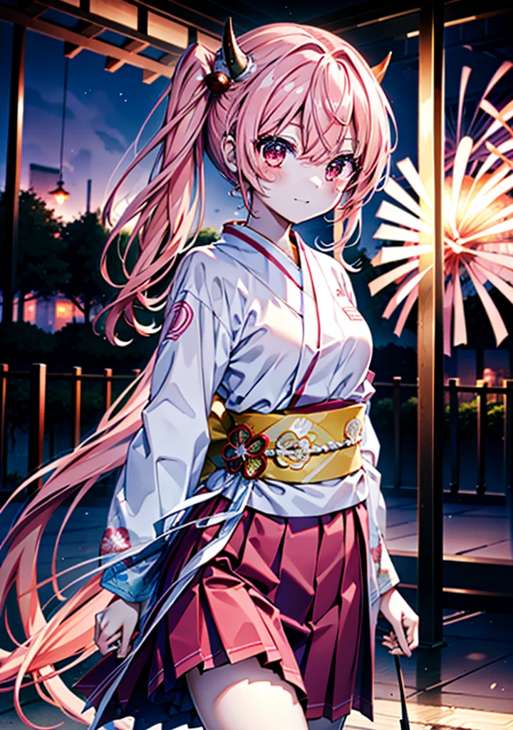 Aria h kanzaki,horn,Pink Hair,Long Hair,low Twin tails,小さいhorn,Red eyes,happy smile, smile, Open your mouth,pink kimono,Thick sleeves,Long skirt,日本のfestival,夏festivalの屋台,Red Lantern,night,night空のfirework,firework,場所はfirework大会,時間はnightです,sunny day,turn around,as if,walk, break looking at viewer, Upper Body, (Cowboy Shot:1. 5),
break outdoors, festival,shrine,
break (masterpiece:1.2), Highest quality, High resolution, unity 8k wallpaper, (shape:0.8), (Beautiful attention to detail:1.6), Highly detailed face, Perfect lighting, Highly detailed CG, (Perfect hands, Perfect Anatomy),