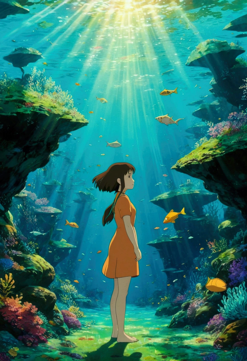 Ghibli Tranquil underwater landscape style, Colorful animated stills, Aquamarine, Paul Gauguin, Amber Style, Honest portrayal