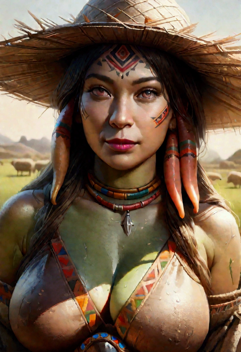 (best quality,4k,8k,highres,masterpiece:1.2),ultra-detailed,(realistic,photorealistic,photo-realistic:1.37),full body portrait of beautiful alien (light green skin, small cute antenna) native tribal woman in muddy primitive farm:1.2,(herding affectionate sheep sized bioluminescent tentacle monsters)(primitive straw broad rim hat, colorful tribal belt, unclad, some tribal tattooing and body paint, confidence, big natural breast), (vivid colors, outdoors, green pastures). (head to toe, show all of her0
