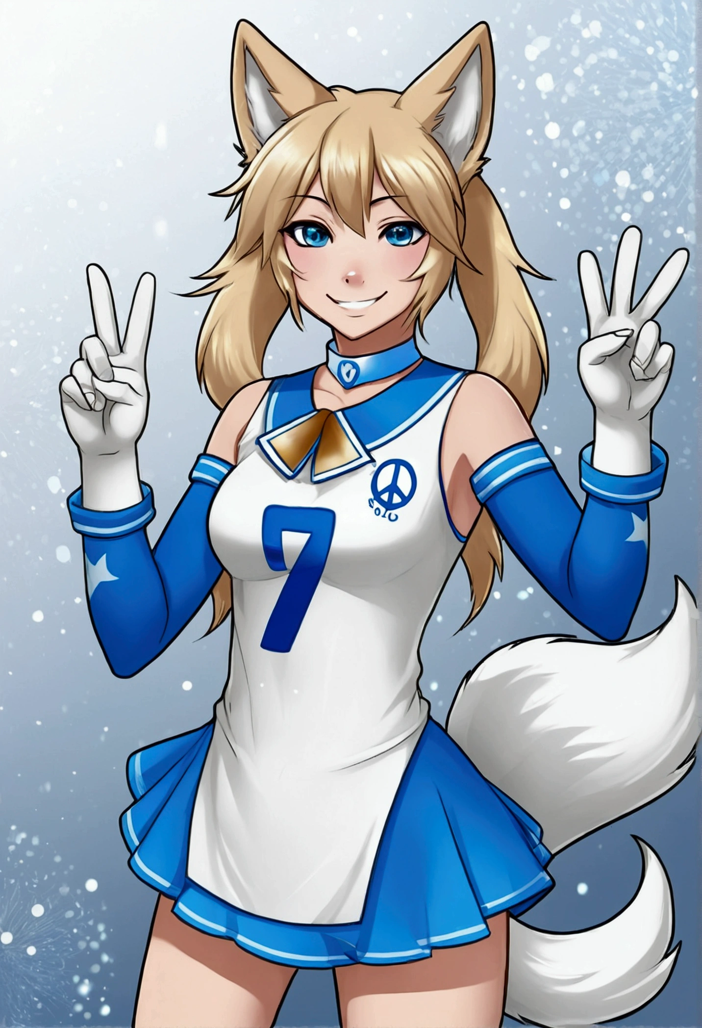 Solo, score_9,score_8_up, score_7_up, an Anthro furry wolf girl, kemono style, silver furry body, tall, hourglass figure, silver wolf tail, golden blonde hair, hair in a ponytail, beautiful opalescent blue eyes, black nose, wearing blue and white cheerleader outfit, holding up two peace signs with her hands, standing, big smile, sparkling blue eyes, silver abstract background, soft shading, soft line art,