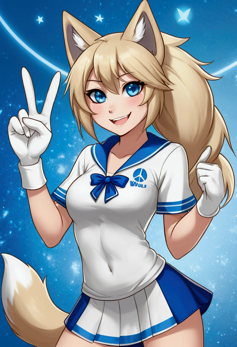 Solo, score_9,score_8_up, score_7_up, an Anthro furry wolf girl, kemono style, silver furry body, tall, hourglass figure, silver wolf tail, golden blonde hair, hair in a ponytail, beautiful opalescent blue eyes, black nose, wearing blue and white cheerleader outfit, holding up two peace signs with her hands, standing, big smile, sparkling blue eyes, silver abstract background, soft shading, soft line art,