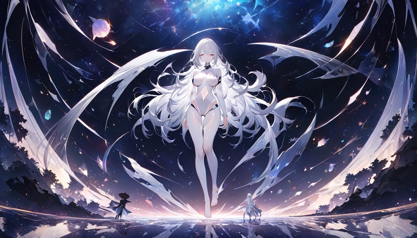 artwork, Beautiful Goddess of the Void, Under the stars in the night sky, all-white transparent clothing, Vanishing transparent band, Full body standing, Tall figures, Thin legs, Thick crotch, Breast augmentation, Facial details, Detailed details of body parts, 8K Wallpaper, (((Smooth, long white hair, Barefoot, Floating as if not touching the ground)))