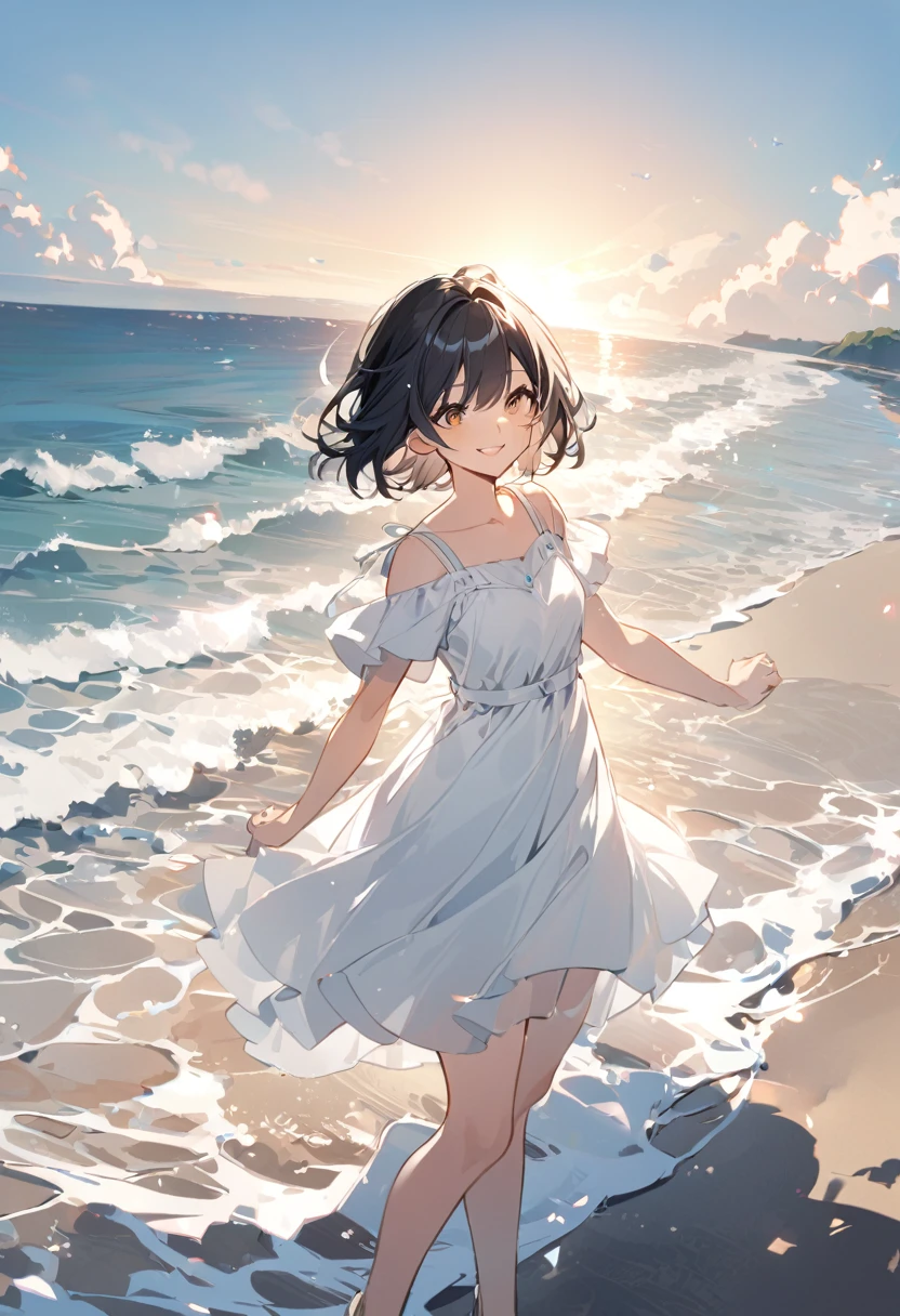 Smiling girl with short black hair、White simple dress、Seaside