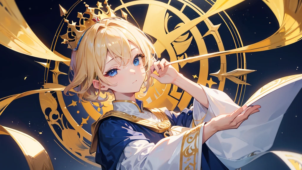 (Highest quality)　(4K)　(8k)　(High resolution)　(masterpiece:1.2)　(Super detailed)　One boy　short hair　Wizard　Blue Eyes　Long sleeve　Golden decoration　Hair between the eyes　Closed Mouth　White Dress　Wavy golden hair　Upper Body　crown　(White Background)　cute　Young