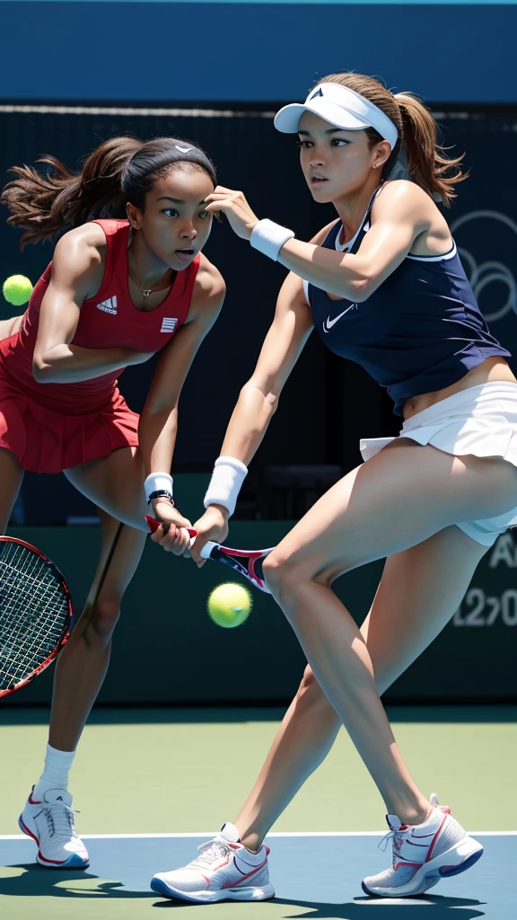 An Olympic tennis match is taking place and fierce competition is unfolding.