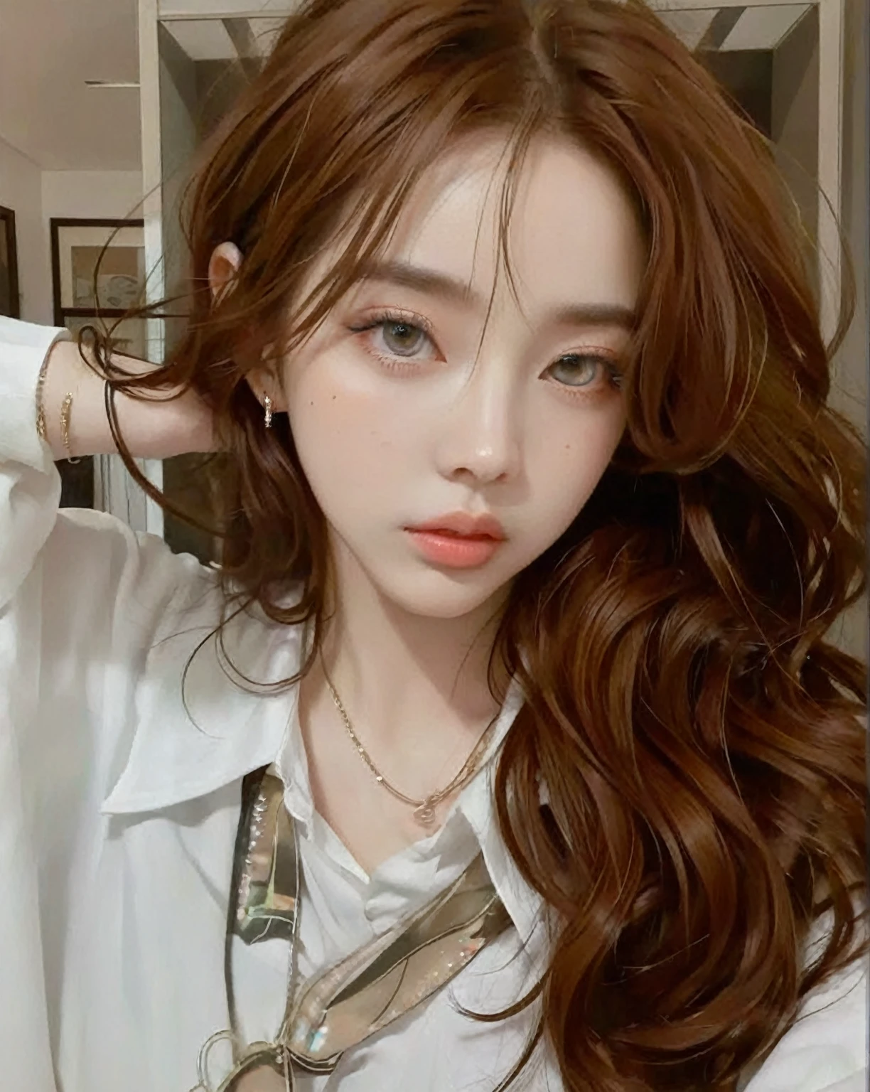 a close up of a woman with long hair wearing a white shirt, ulzzang, 🤤 girl portrait, korean girl, Kawaii realistic portrait, ilya kuvshinov with long hair, coral brown hair, Big eyes and long flowing hair, brown hair and big eyes, loose brown hair, with long hair and piercing eyes, with long hair