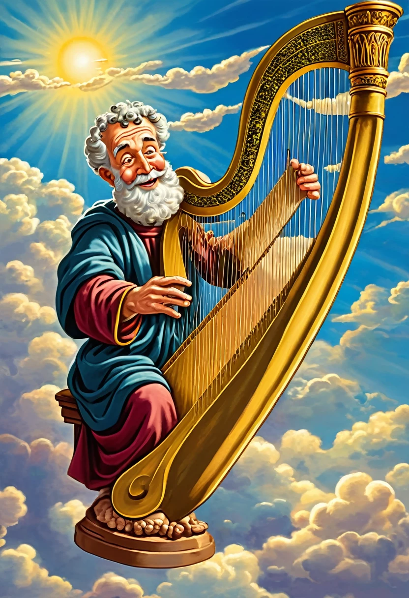 cartoon of saint peter flying in the sky while playing the harp