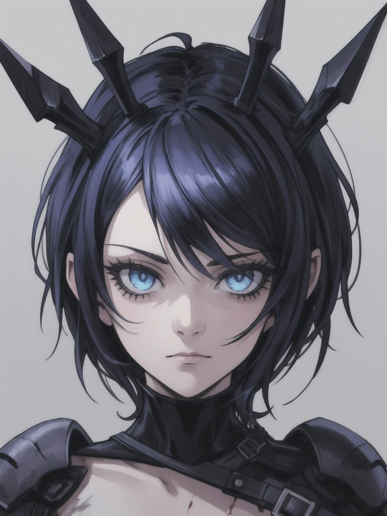 one girl, unique, High accuracy, short hair, Black hair, Shiny hair, Straight Poetry, Best quality, Great job, High accuracy, precise, High resolution models, Blue eyes, Sullen, simper, Bloody eyes, Dark face, Expressionless eyes, Blank Eyes, No expression on the face, Moles under the eyes, Long eyelashes, mysterious, anime style, Close-up,