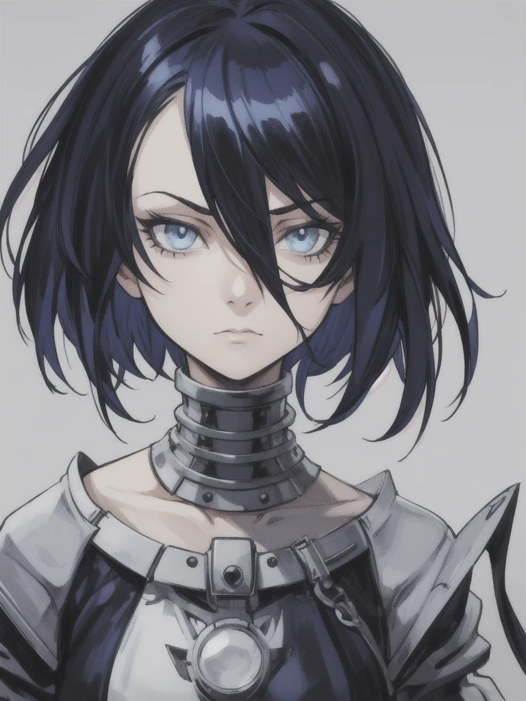 one girl, unique, High accuracy, short hair, Black hair, Shiny hair, Straight Poetry, Best quality, Great job, High accuracy, precise, High resolution models, Blue eyes, Sullen, simper, Bloody eyes, Dark face, Expressionless eyes, Blank Eyes, No expression on the face, Moles under the eyes, Long eyelashes, mysterious, anime style, Close-up,