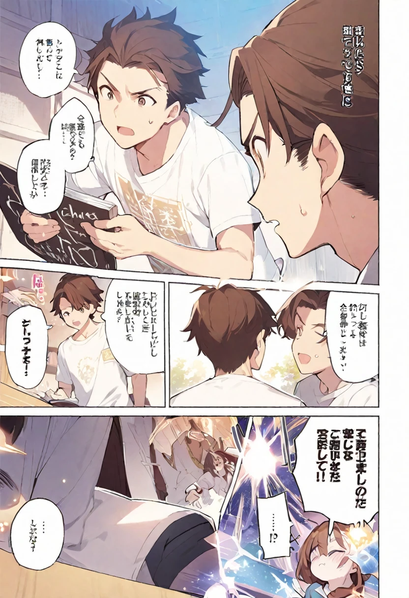 manga page, of a white and brown hair man wearing a t shirt, he's teaching magic, and writing on the board, and talking to students