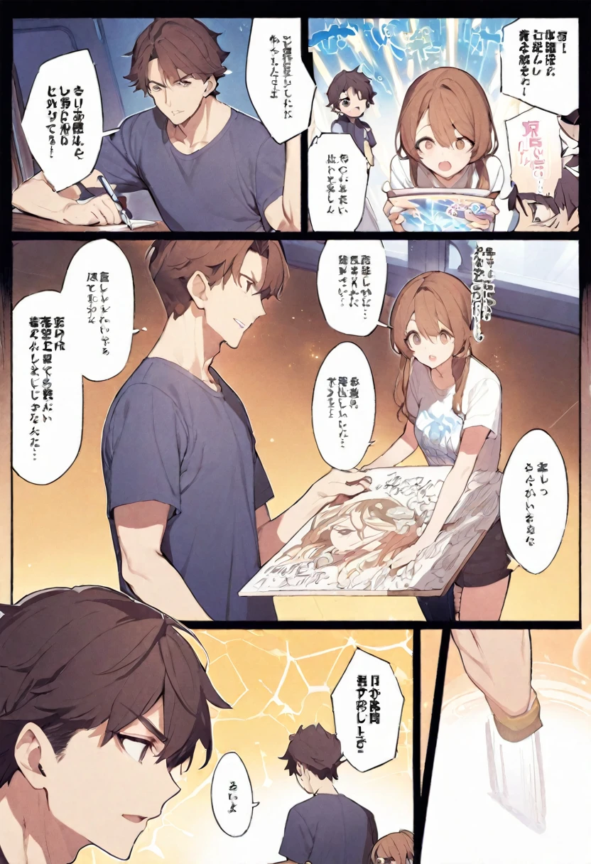 manga page, of a white and brown hair man wearing a t shirt, he's teaching magic, and writing on the board, and talking to students