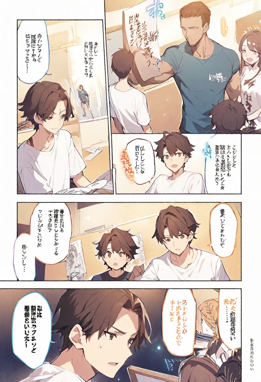 manga page, of a white and brown hair man wearing a t shirt, he's teaching magic, and writing on the board, and talking to students