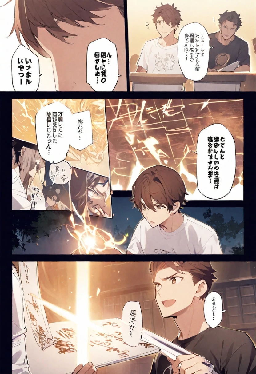 manga page, of a white and brown hair man wearing a t shirt, he's teaching magic, and writing on the board, and talking to students