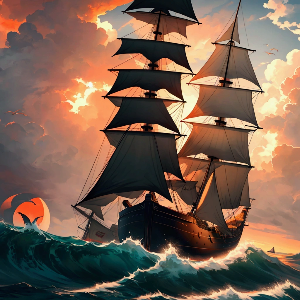 A dramatic scene of a large sailing ship navigating through rough seas at sunset. The sky is filled with dark, towering clouds with brilliant hues of orange, red, and yellow from the setting sun. The sunlight reflects off the waves, creating a striking contrast between the dark ocean and the fiery sky. Seagulls can be seen flying amidst the clouds, adding to the sense of movement and drama in the scene. The ship’s sails are billowing as it moves through the turbulent waters, emphasizing the adventurous and intense atmosphere.”