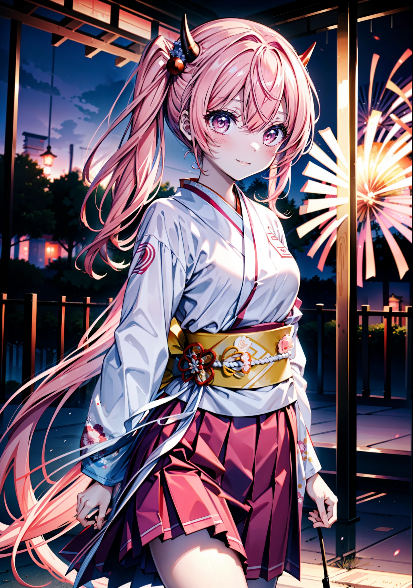 Aria h kanzaki,horn,Pink Hair,Long Hair,low 　Twin tails,小さいhorn,Red eyes,happy smile, smile, Open your mouth,pink kimono,Thick sleeves,Long skirt,日本のfestival,夏festivalの屋台,Red Lantern,night,night空のfirework,firework,場所はfirework大会,時間はnightです,sunny day,turn around,as if,walk,　　　　　　　　　　　　　　　  　　　　　break looking at viewer, Upper Body, (Cowboy Shot:1. 5),  　　　　　
break outdoors, festival,shrine,
break (masterpiece:1.2), Highest quality, High resolution, unity 8k wallpaper, (shape:0.8), (Beautiful attention to detail:1.6), Highly detailed face, Perfect lighting, Highly detailed CG, (Perfect hands, Perfect Anatomy),