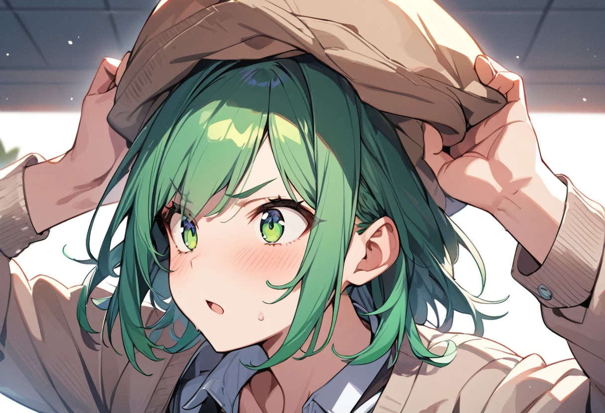 anime, One girl green eyes, Highest quality, Green Hair, Shortcuts, Chest to head, cardigan, Guts pose,
