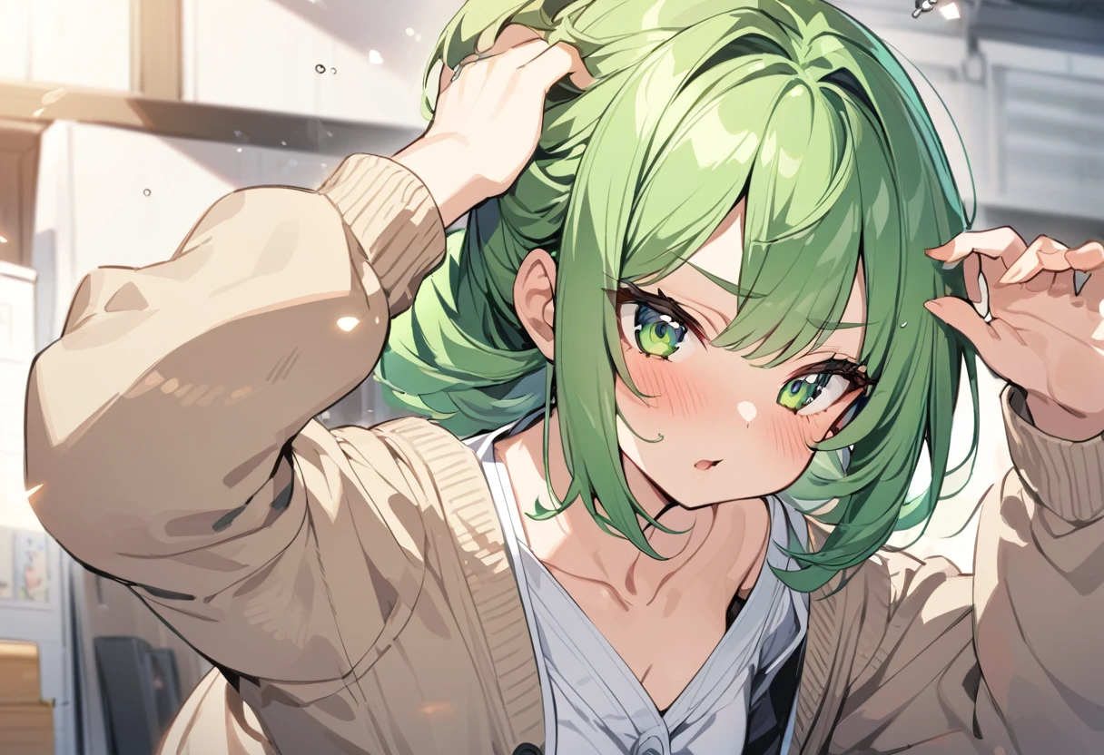 anime, One girl green eyes, Highest quality, Green Hair, Shortcuts, Chest to head, cardigan, Guts pose,