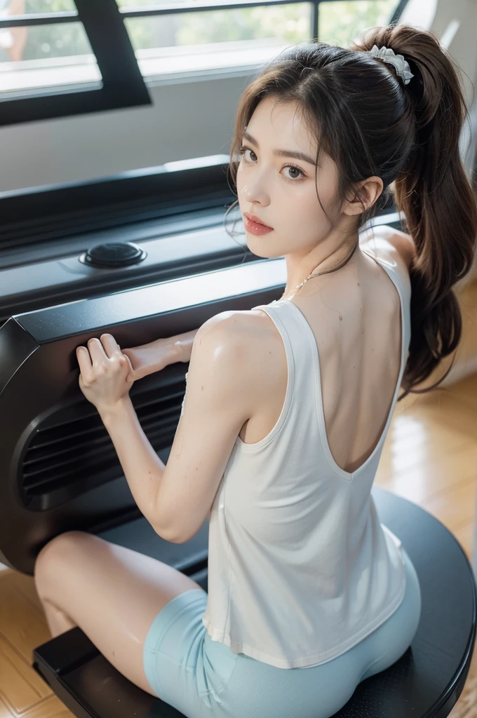 (((best quality))),(((ultra detailed))),(((masterpiece))),illustration,(1 beautiful girl,solo),((slim,thin)),((bare back,towering hips,butt crack)),(blush:1.5),summer afternoon,living room,sanctuary of tranquility,fitness,grace,(short ponytail:1.2),effortless elegance,((light blue yoga tank top,matching shorts)),youthful radiance,enchanting,inspiring,(sitting on treadmill:1.3),body drenched in perspiration,(sweat:1.5),dedication,inner strength,determination,composed,focused,eyes,lush potted plant,greenery,life,vitality,soft sunlight,warm patches of light,fragrant cookies,cozy ambiance,attire,functional,fashionable,comfort,flexibility,slender figure,curves,lightweight material,unrestricted movement,grip,treadmill's belt,propel,forward,serene expression,slight smile,lips,focused on horizon,visualizing goals,dreams,radiant beauty, comfortable clothing,determined spirit,captivating,inspiring image,essence of summertime fitness,self-care,((from back,upper body))