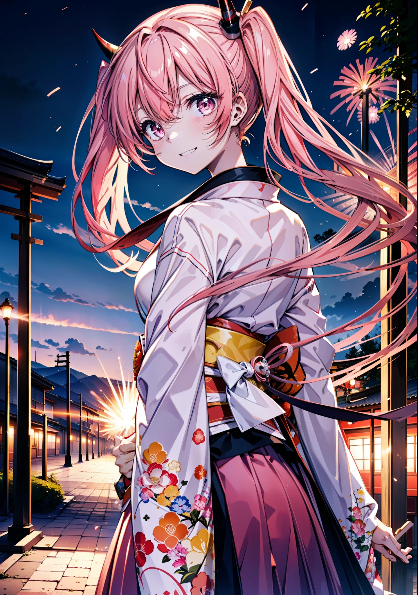 Aria h kanzaki,horn,Pink Hair,Long Hair,low 　Twin tails,小さいhorn,Red eyes,happy smile, smile, Open your mouth,pink kimono,Thick sleeves,Long skirt,日本のfestival,夏festivalの屋台,Red Lantern,night,night空のfirework,firework,場所はfirework大会,時間はnightです,sunny day,turn around,as if,walk,　　　　　　　　　　　　　　　  　　　　　break looking at viewer, Upper Body, (Cowboy Shot:1. 5),  　　　　　
break outdoors, festival,shrine,
break (masterpiece:1.2), Highest quality, High resolution, unity 8k wallpaper, (shape:0.8), (Beautiful attention to detail:1.6), Highly detailed face, Perfect lighting, Highly detailed CG, (Perfect hands, Perfect Anatomy),