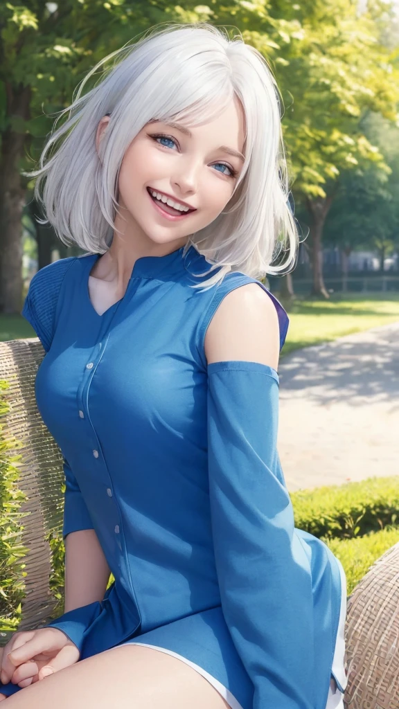 best quality, photorealistic, 8k, high res, full color, 1girl, woman, 20 years old woman, blue eyes (open mouth, lovely smile, beautiful smile, smiling:1.73), (skindentation), (portrait:0.6), trees, park bench, daylight, ((park background:1.52)), full color, ((sleevelessblueshirt:1.58)), looking at viewer:1.8, (1girl eyes looking at viewer:1.55), (medium hair, white hair, partedhair:1.45), (bokeh), 