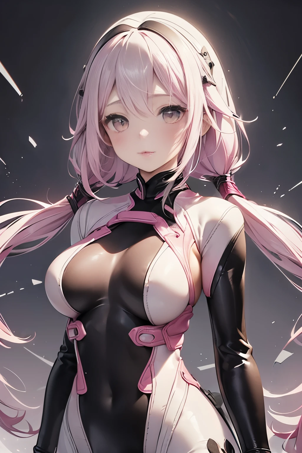 ((Upper body photo))、Cute face、Pink Hair、Long Hair、Twin tails、White skin、((Shooting from the front:1.5 ))、((Tight black leather suit:1.5)), ((Big Breasts)), Pointed nipples, masterpiece