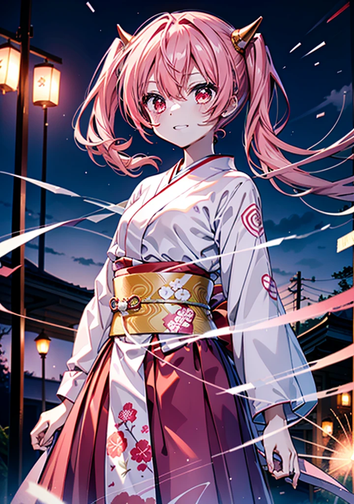 Aria h kanzaki,horn,Pink Hair,Long Hair,low Twin tails,小さいhorn,Red eyes,happy smile, smile, Open your mouth,pink kimono,Thick sleeves,Long skirt,日本のfestival,夏festivalの屋台,Red Lantern,night,night空のfirework,firework,場所はfirework大会,時間はnightです,sunny day,turn around,as if,walk, break looking at viewer, Upper Body, (Cowboy Shot:1. 5),
break outdoors, festival,shrine,
break (masterpiece:1.2), Highest quality, High resolution, unity 8k wallpaper, (shape:0.8), (Beautiful attention to detail:1.6), Highly detailed face, Perfect lighting, Highly detailed CG, (Perfect hands, Perfect Anatomy),