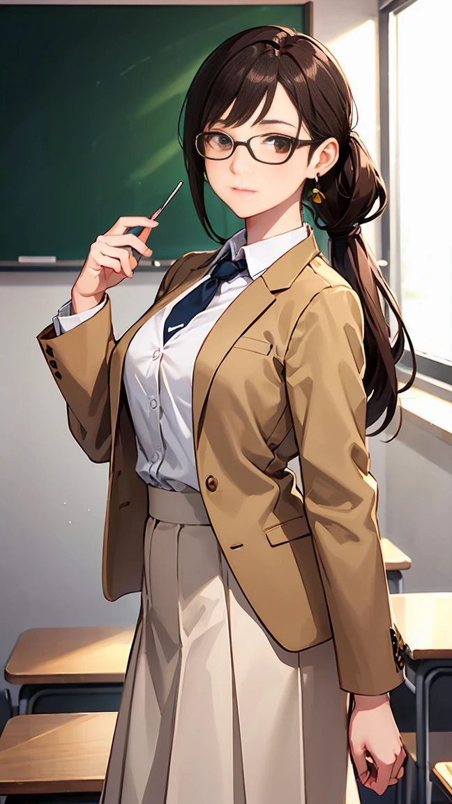 brown hair, long ponytail, over-rim eyewear, earrings, sigh, ray tracing, masterpiece, accurate, textured skin, high quality, highres, best quality, high details, super detail, High school teacher, wearing a shirt and tie, Background (classroom, blackboard), During class, Beige jacket and long skirt