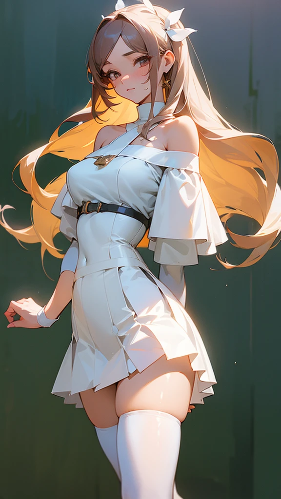 (Best quality)), ((masterpiece)), (detailed),
1 girl, very hot physique, long light hair, neat facial features, white off-shoulder blouse, short white tennis skirt, and high white stockings, she doesn't wear shoes, she has big hot breasts, who pops out of her blouse, pulling it on.She is sitting on the bed and has a shocked expression on her face..