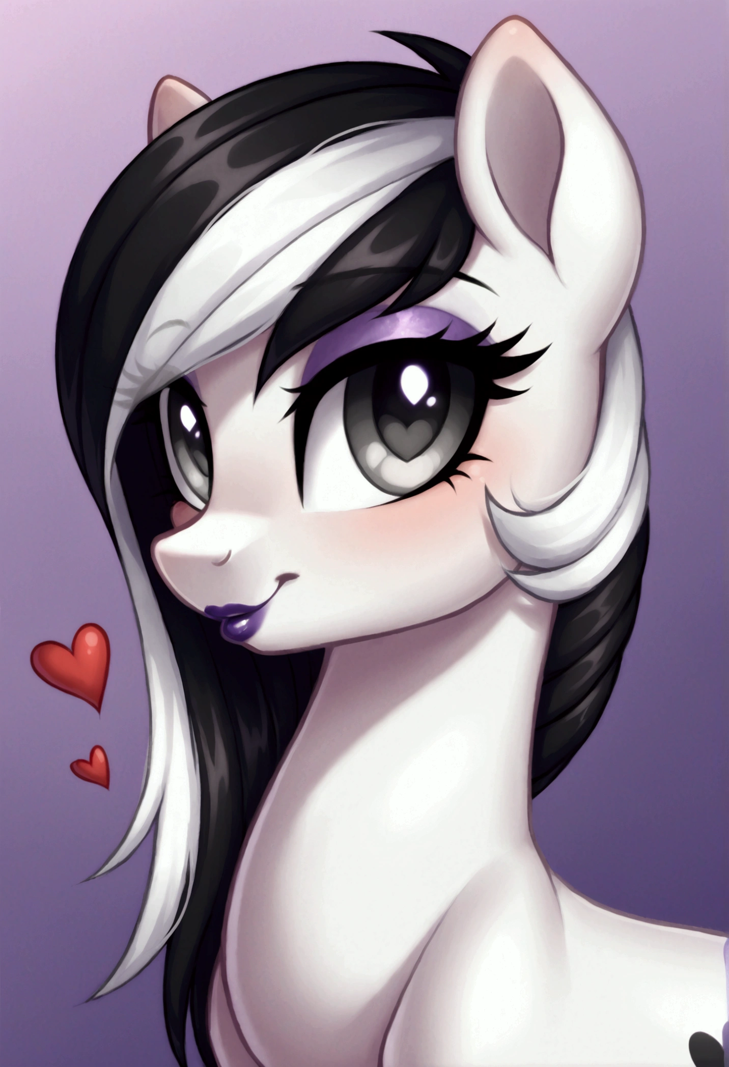 My little pony, (Pony), (black stripe on hair), white hair, (pale white body), gray eyes, medium breasts, purple lips, perfect lines, Random erotic role play costumes, heart cutie mark