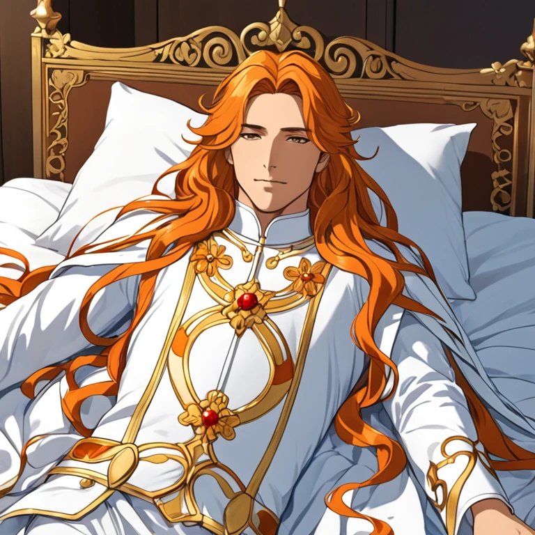 An effeminate man with long wavy orange hair lying comfortably on a bed wearing heavenly clothing