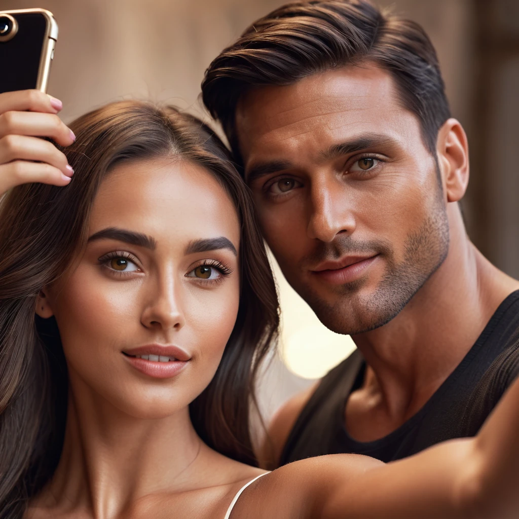 a handsome tanned skinned man taking a selfie with a beautiful fair skinned woman with dark brown hair, detailed facial features, realistic skin textures, cinematic lighting, photorealistic, 8k, high resolution, masterpiece, sharp focus, vibrant colors, elegant poses