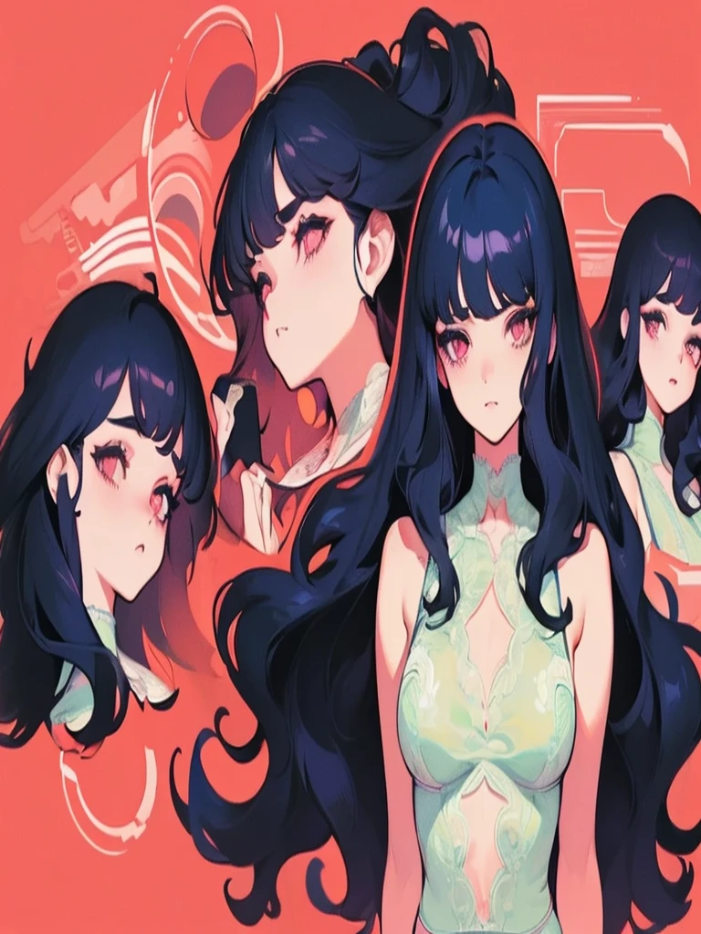 (masterpiece, best quality), beautiful woman, wavy hair, assymetrical bangs, lace lingerie, perfect face, beautiful face, alluring, big gorgeous eyes, medium breasts, soft smile, blush, perfect slim fit body, bright colors, (risograph), very long hair, long hair