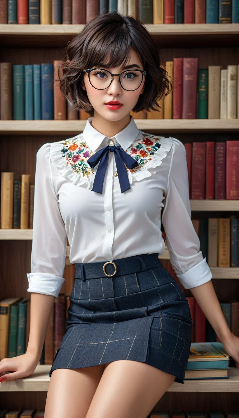 (((beautiful beautiful Isabela Merced, posing for shipmentss, looking sexy, ruffled lips, Short curly hair in different colors, extremely pretty eyes))), ((wearing floral silver necklace)), realistic shipmentsgraph, highy detailed, Foco do pointed, (Main lighting), (indoor bookstore environment), work of art, extremely pretty, Perfect beauty, (perfect shape body, Broad Hips, small waist, thick-thighs, firm abs, Body cute, knees, knees, focus on the knees, breasts small), short hair of different colors with bangs, short hair with bangs of different colors cobrindo a testa, short hair with bangs of different colors ((((short hair of different colors with bangs cobrindo a testa)))), ((30 years old)), (extremely detaild 8k wallpaper), ((face detailed)), (((wearing open white shirt, microsaia curta de tweed, knees, knees, Very Short Skirt)), (long dark eyelashes), (looking at the camera), (((neckleace))), (glamor model), (seductive facial expression) (((standing between high shelves full of books))), extremely detaild, work of art, details Intricate, highy detailed, Foco do pointed, skin detailed, realistic skin texture, texture, detailedeyes, high resolution, Cores Kodak Vision, shipments_\(ultra\), Post-processing, Maximum details, roughness, real-life, ultra realistic, shipmentsrealism, shipmentsgraphy, absurderes, RAW shipments, highest quallity, high detail RAW color shipments, professional shipments, extremely detaild UHD 8k wallpaper unit, best qualityer, high resolution, (work of art, maximum quality, high resolution:1.4), shipments, cinematic, film grain, pointed, soft natural light, magic shipmentsgraphy, super verbose, ((all-body: legs 1.7)), librarian glasses, nerd glasses, ((pleated miniskirt: miniskirt 1.6)), unbuttoned blouse with neckleace, へそ, へそ, neckleace, (Head to knee, all-body: knees 1.3)