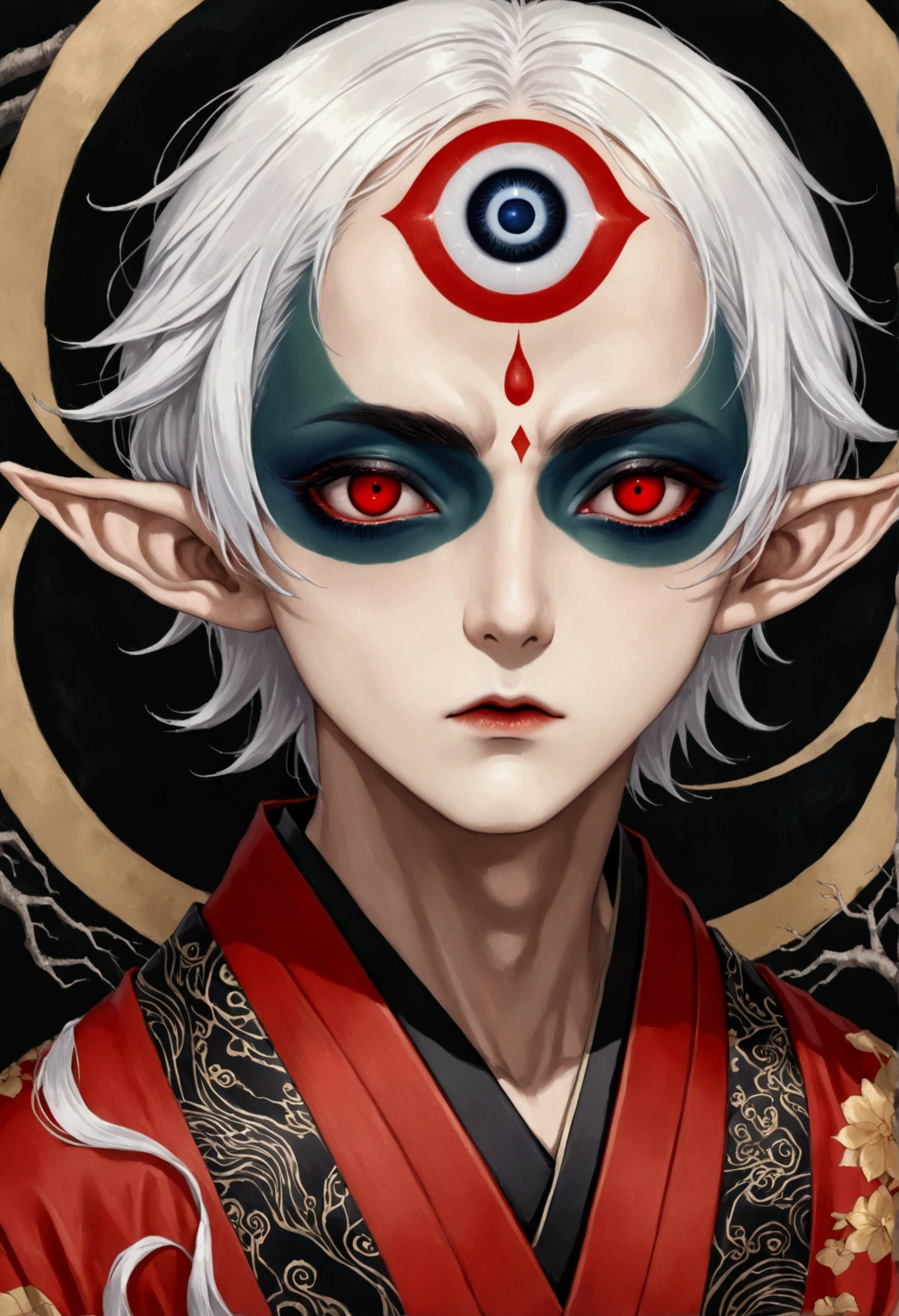 Japanese Anime,Horror style,horror character,(((1 Boy,独奏,Realistic third eye,Dark eyeshadow.Middle-parted white hair-super short hair,Elf ears))),(((Gorgeous Japanese red kimono:1.6,Eye Diagram,Dark Pattern))).(((Thin waist,Greenbelt:1.37)))