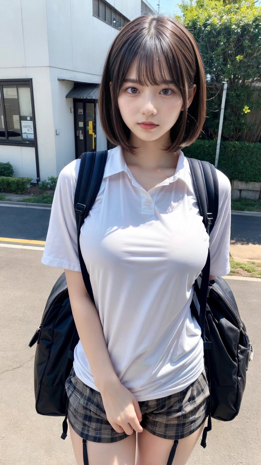 masterpiece, best quality, illustration, Super detailed, fine details, High resolution, 8K,wall paper, perfect dynamic composition,(Details High quality, realistic depiction of eyes:1.3), oversized sport shirt, shorts women, small backpack, short bob hair, black hair color, Big Natural Color Lip, sexy pose, crying a little、cold gaze, Harajuku style、20 year old girl、cute type、lolita, hposing Gravure Idol, full body photo、focus on crotch, huge breasts