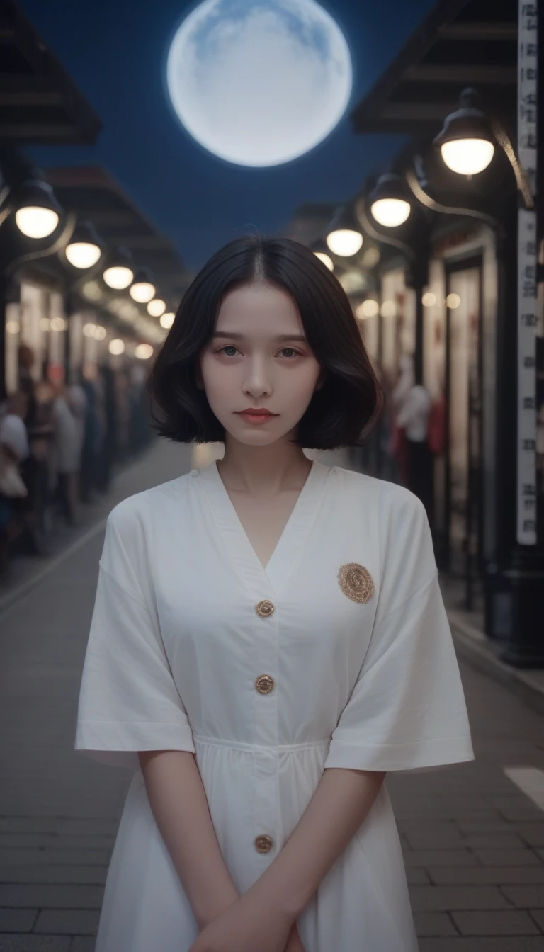 score_9_up, score_8_up, score_7_up, score_6_up, masterpiece, best quality, Miranda, (Half-length photo,Street Lights,moon),masterpiece, 1 Girl, Solo exhibitions, Beautiful woman on the busy street, Surrounded by vendors, Beautiful goddess girl portrait, Beautiful and delicate face, Porcelain skin, (((Half-length photo, center, night, Black Hair, short hair)), Super soft light, symmetry, complex, grace, High Detail, realism, Art, concept Art,