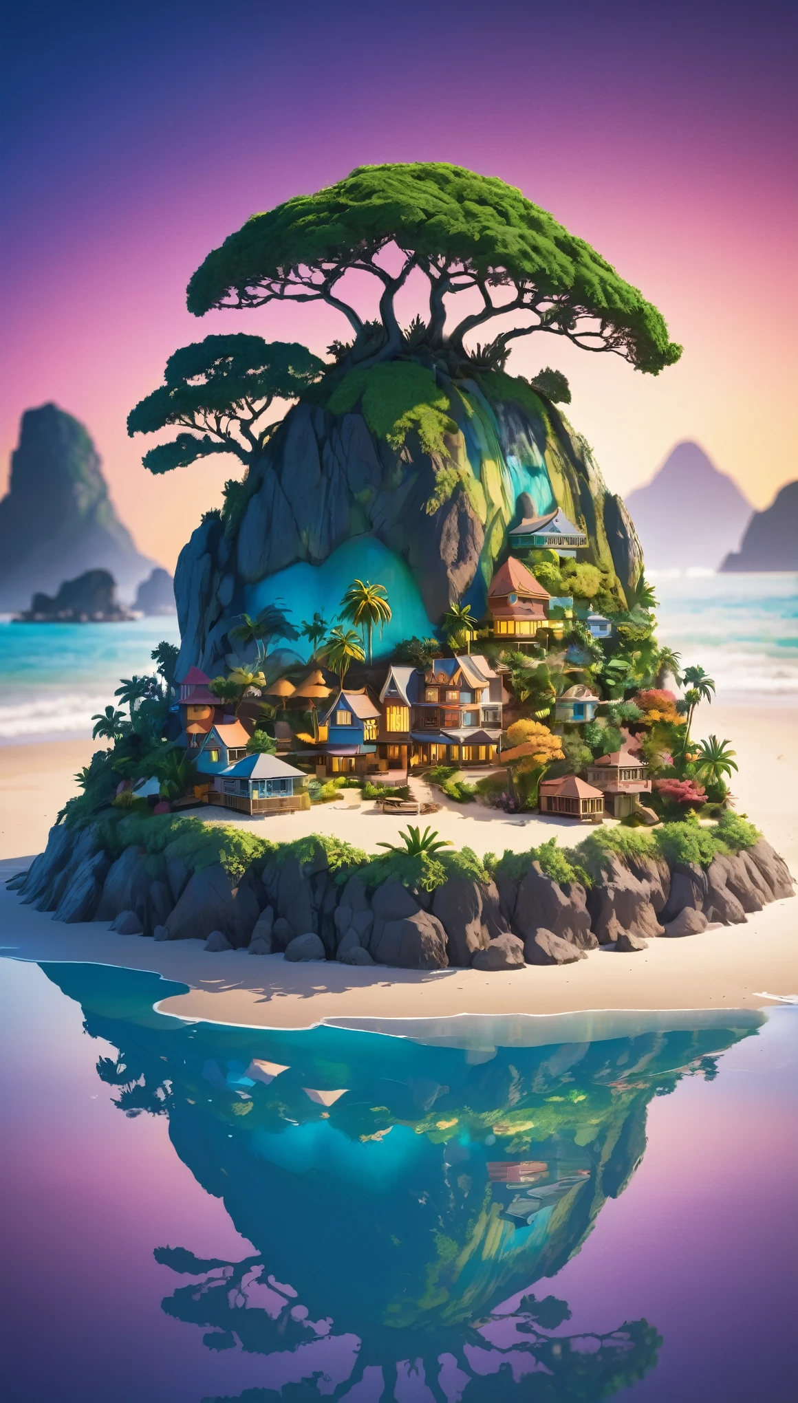 ((Mysterious Island:1.2)), small world, isolated, Distorted world, Sandy beach and island in a miniature garden, (((Unnatural Nature))), Abundant natural energy, colorful reflections, Light and shadow with attention to detail, refraction，Background Blur, Art Pop, High resolution, High resolution, Attention to detail, masterpiece:1.2,