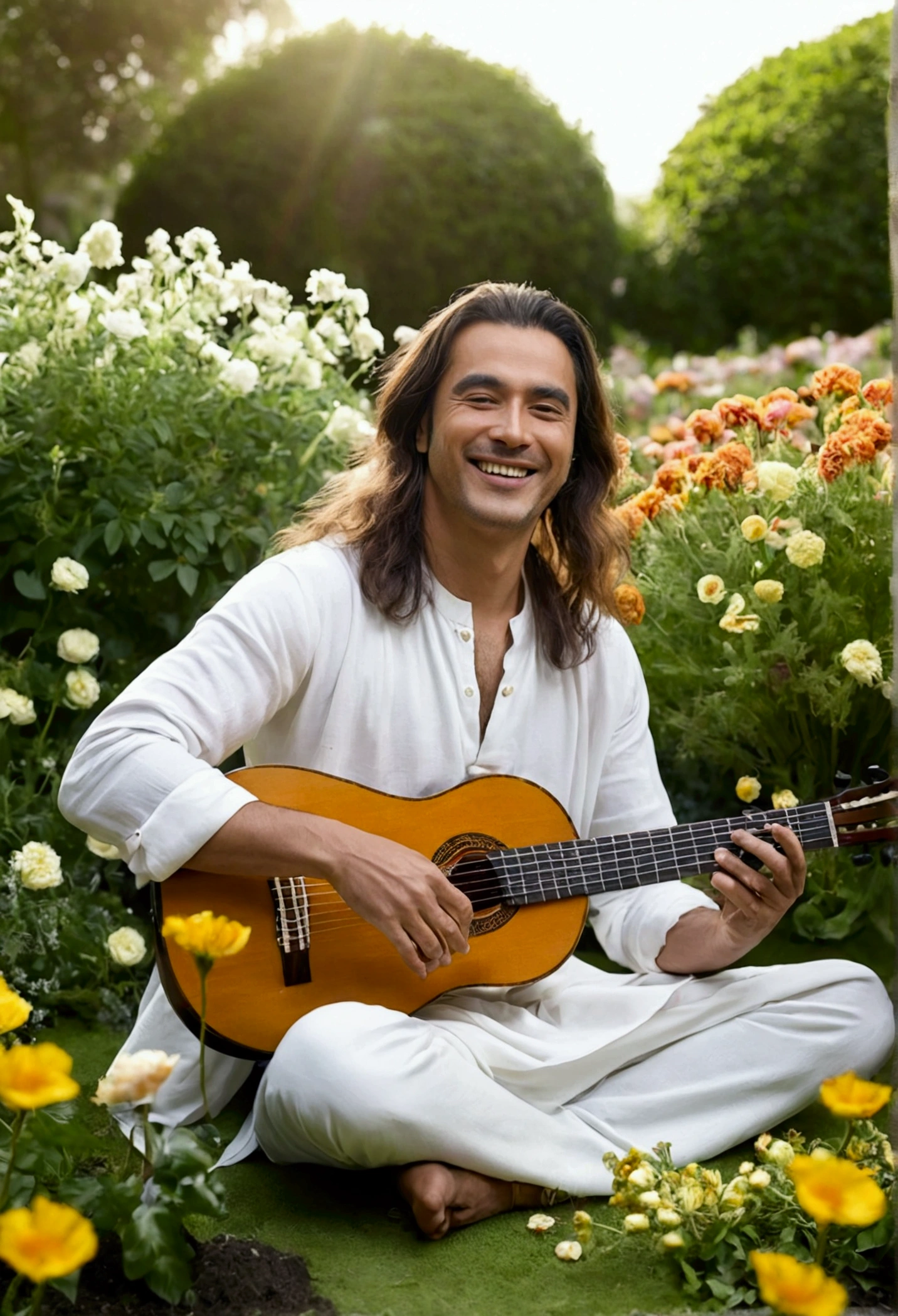 "A man with long hair wearing plain white clothes, smile, playing Oud in the middle of a garden full of flowers,