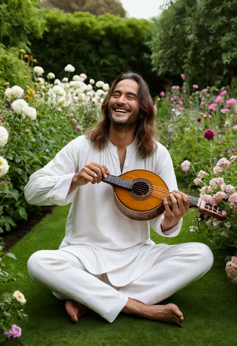 "A man with long hair wearing plain white clothes, smile, playing Oud in the middle of a garden full of flowers,